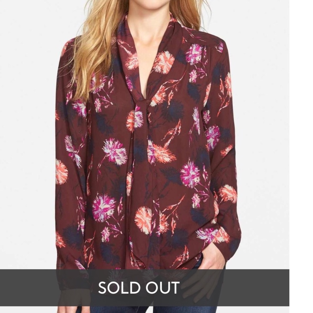 Halogen Burgundy Print Scarf Tie-Neck Blouse XS - Picture 7 of 8
